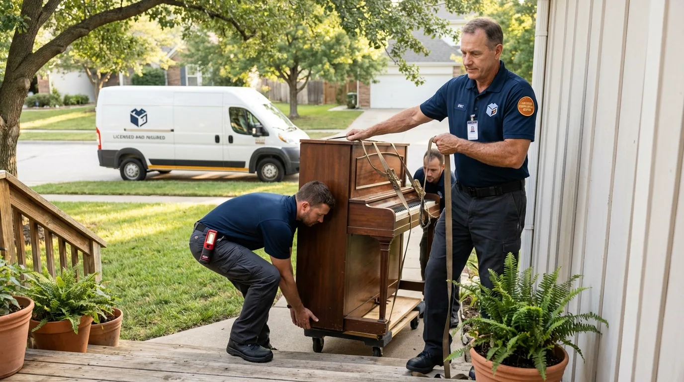 Licensed piano movers securing grand piano in Roseau, MN