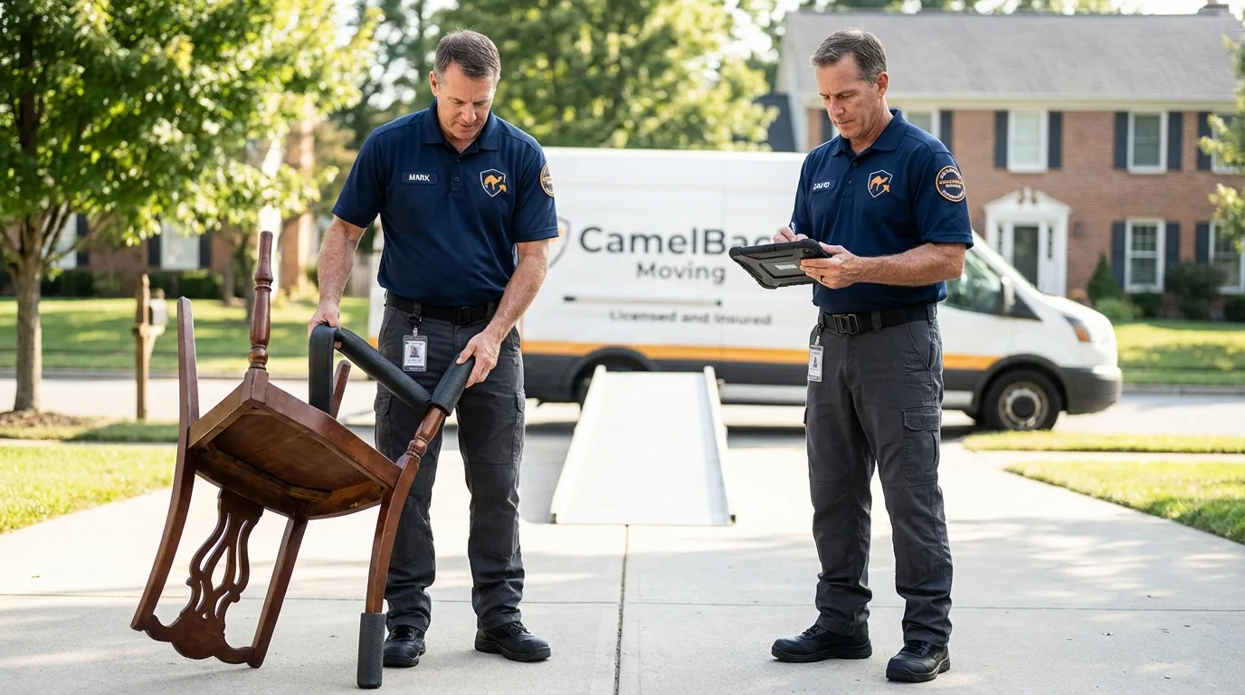 Movers inspecting furniture for damage prevention before loading in Roseau, MN