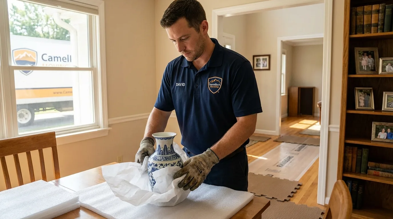 Professional crew carefully wrapping antique vase for senior downsizing move in Roseau, MN